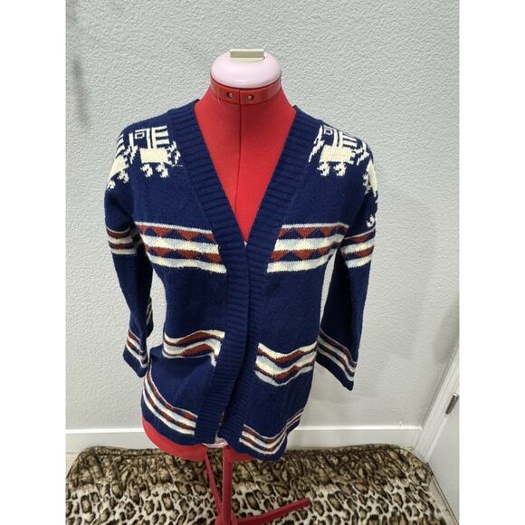 Vintage Southwestern Train Cardigan Knit Open Front Blue Sweater - Picture 1 of 6